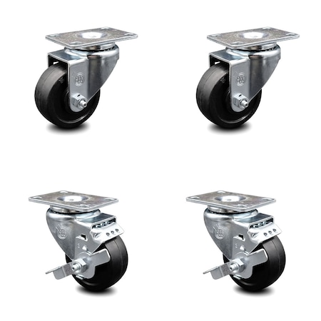 Service Caster 3 Inch Soft Rubber Wheel Swivel Top Plate Caster Set with 2 Brakes SCC SCC-20S314-SRS-TP2-2-TLB-2
